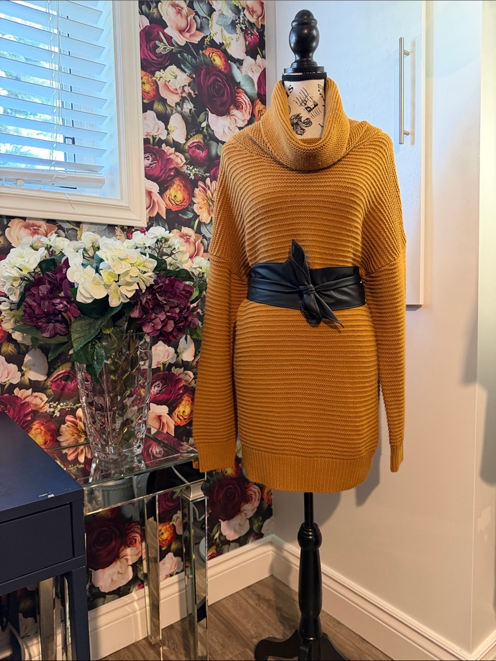 Oversized Mustard Cowl Neck Ribbed Sweater - Women